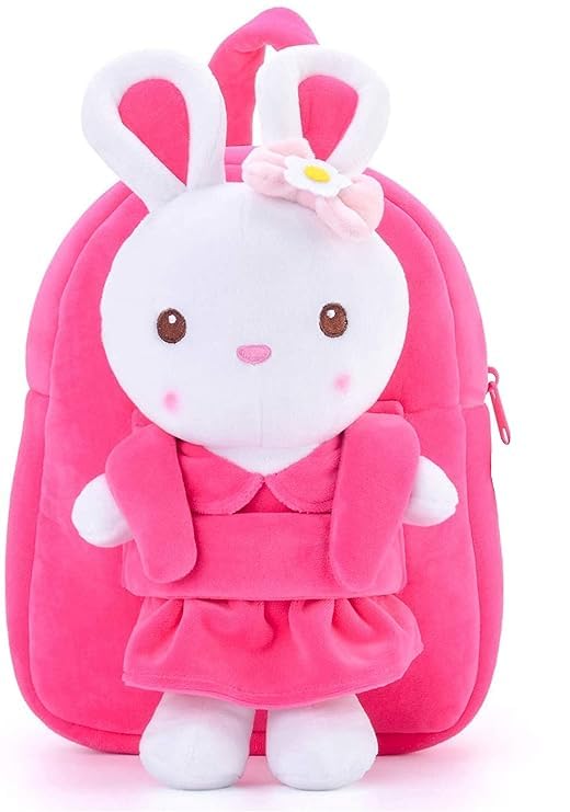 Bunny Doll Kids School Bag Soft Plush Cartoon Velvet Animal Backpacks Cartoon, Picnic, Nursery, Preschool Boys/Girls/Baby (2 to 6 Years) (Pink)
