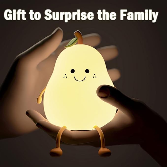 Cute Pear LED Nursery Night Light Lamp: Tap Control, USB Rechargeable