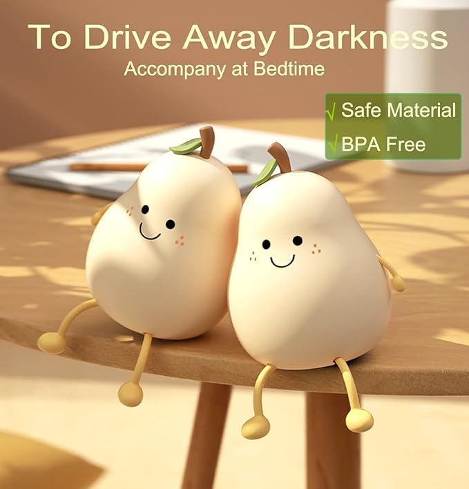 Cute Pear LED Nursery Night Light Lamp: Tap Control, USB Rechargeable