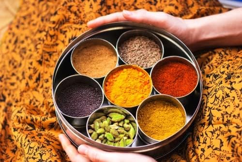 Stainless Steel Belly Masala (Spice) Box/Organizer with 7 Containers and Small Spoon (Small)