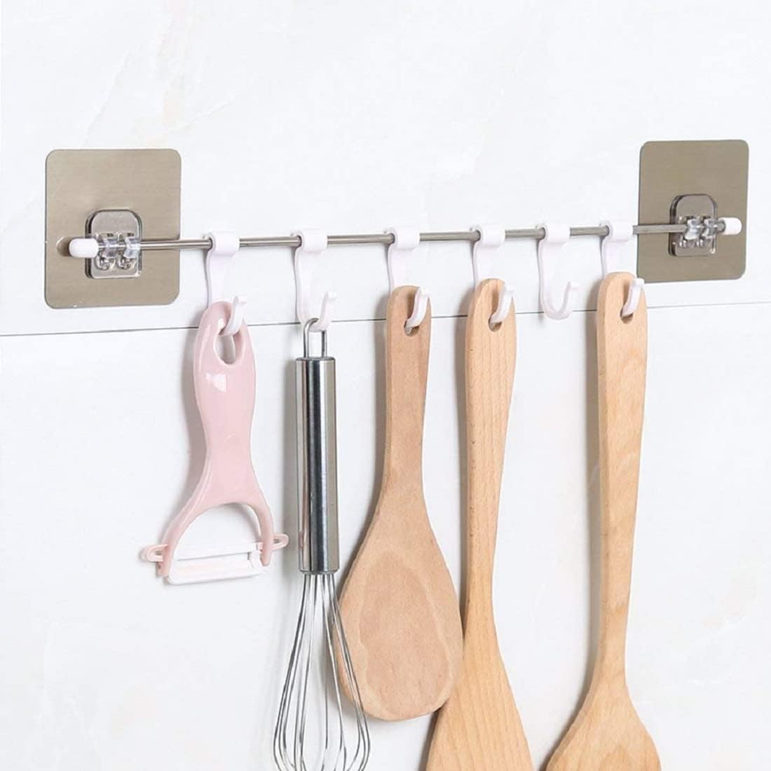 Premium Self Adhesive Kitchen Accessories Items Organizer Rack Stand, Wall Hanging Hooks Strong Without Drilling/Bathroom Door Cloth Hanger (6 Hooks), Stainless Steel