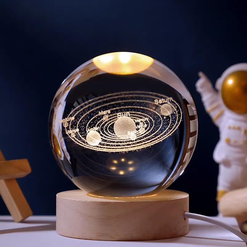 3D Galaxy Crystal Ball Night Led Lamp, Solar System Crystal Ball Night Light, Usb Powered 2.4 Inch Wooden Base Galaxy Glass Ball Night Light Lamp