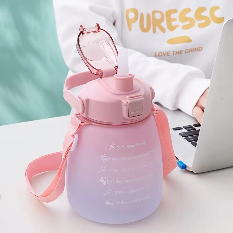 1500ml Motivational Water Bottle with Straw & Shoulder Strap | Pink