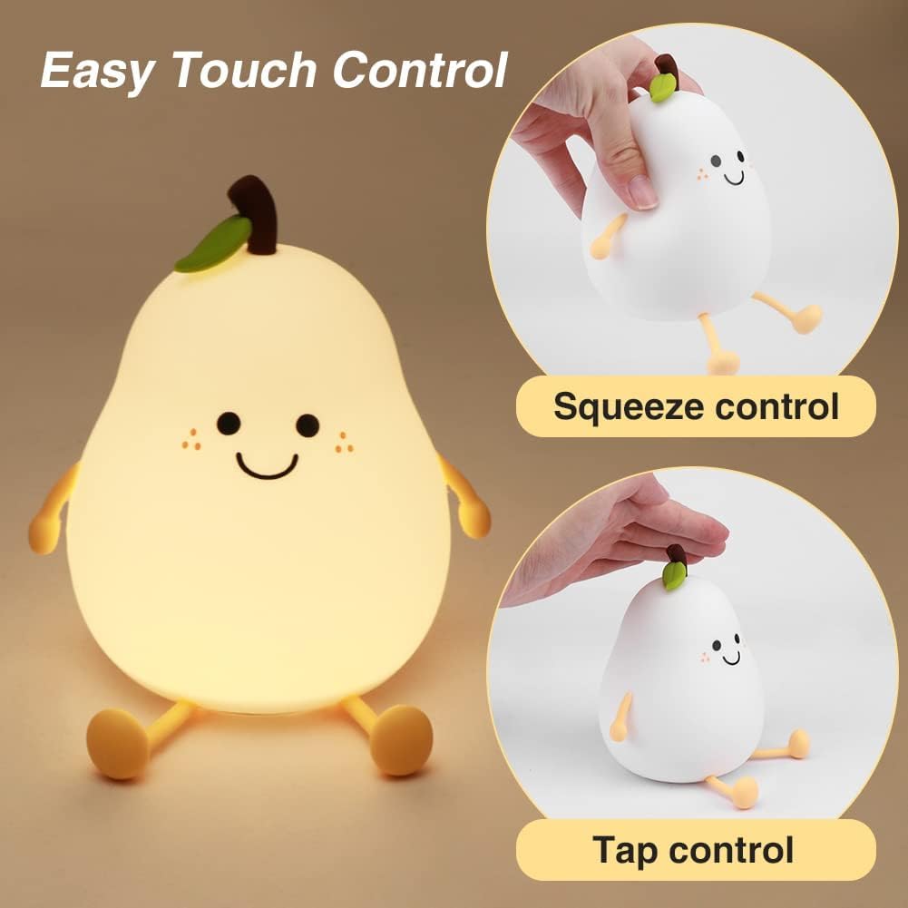 Cute Pear LED Nursery Night Light Lamp: Tap Control, USB Rechargeable