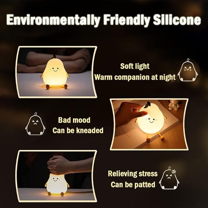 Cute Pear LED Nursery Night Light Lamp: Tap Control, USB Rechargeable
