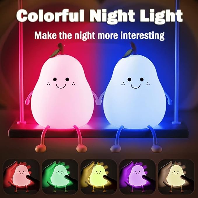 Cute Pear LED Nursery Night Light Lamp: Tap Control, USB Rechargeable
