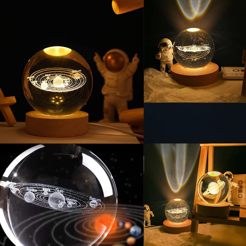 3D Galaxy Crystal Ball Night Led Lamp, Solar System Crystal Ball Night Light, Usb Powered 2.4 Inch Wooden Base Galaxy Glass Ball Night Light Lamp