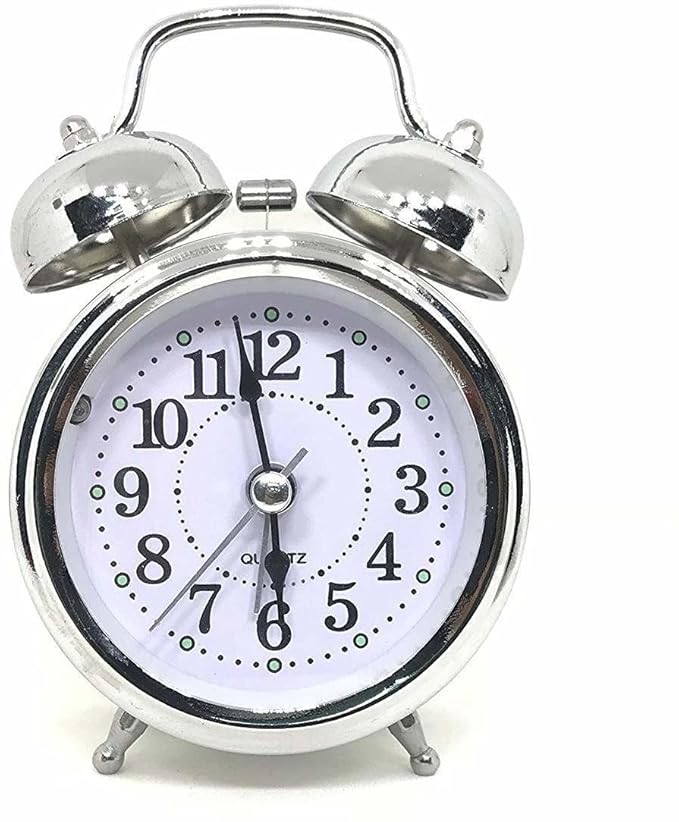 Twin Bell Silver Clock Table Alarm Clock with Night LED Light Display Alarm Clock for Bedroom Heavy Sleepers Kids and Students Alarm Clock Non-Ticking (Silver)