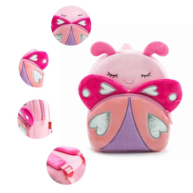 10L Plush Toddler Backpack:Pink Butterfly Cartoon Bag for Kids