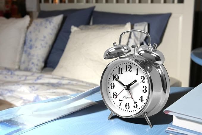 Twin Bell Silver Clock Table Alarm Clock with Night LED Light Display Alarm Clock for Bedroom Heavy Sleepers Kids and Students Alarm Clock Non-Ticking (Silver)
