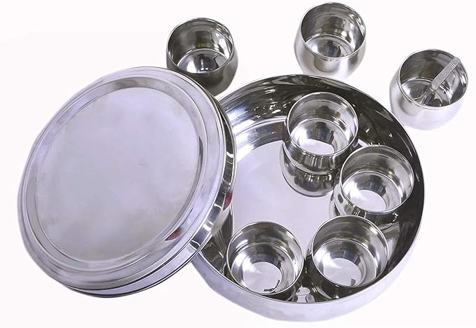 Stainless Steel Belly Masala (Spice) Box/Organizer with 7 Containers and Small Spoon (Small)