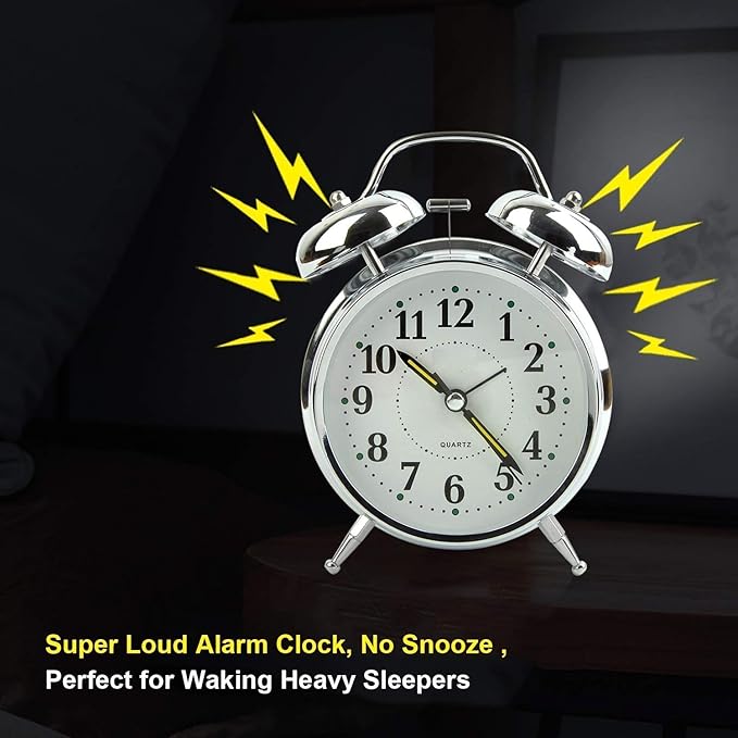 Twin Bell Silver Clock Table Alarm Clock with Night LED Light Display Alarm Clock for Bedroom Heavy Sleepers Kids and Students Alarm Clock Non-Ticking (Silver)