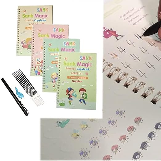 Magic Book (4 Book + 10 Refill + 1 Pen +1 Grip), Practice Copybook, Number Tracing Book for Preschoolers with Pen, Caligraphy early learning Set with Reusable Writing Refill
