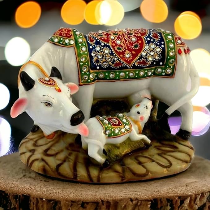 Handicraft Home Decor Kamdhenu Cow & Calf | Vastu Gau MATA Idol with Stone Work for Home & Office