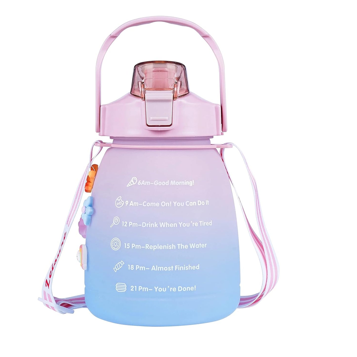 1500ml Motivational Water Bottle with Straw & Shoulder Strap | Pink