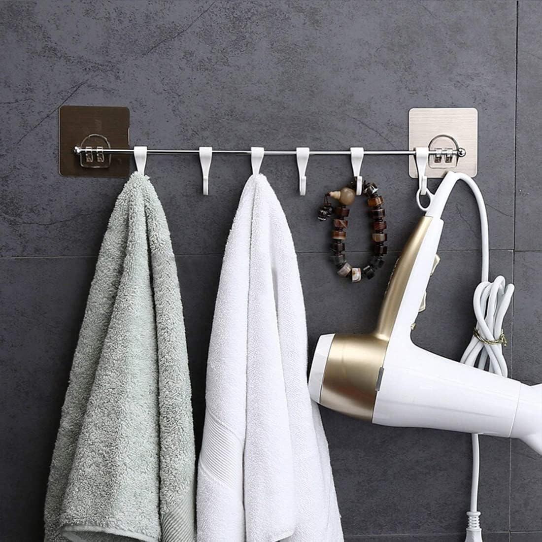 Premium Self Adhesive Kitchen Accessories Items Organizer Rack Stand, Wall Hanging Hooks Strong Without Drilling/Bathroom Door Cloth Hanger (6 Hooks), Stainless Steel