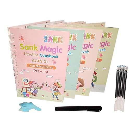 Magic Book (4 Book + 10 Refill + 1 Pen +1 Grip), Practice Copybook, Number Tracing Book for Preschoolers with Pen, Caligraphy early learning Set with Reusable Writing Refill