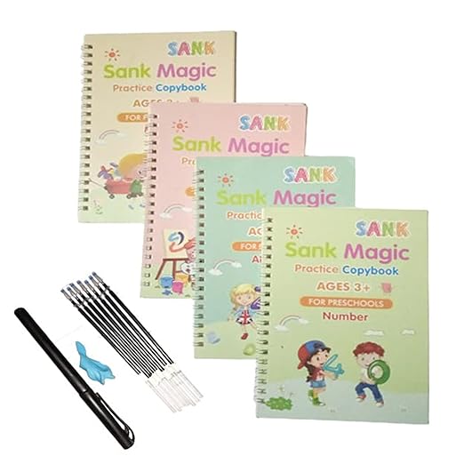 Magic Book (4 Book + 10 Refill + 1 Pen +1 Grip), Practice Copybook, Number Tracing Book for Preschoolers with Pen, Caligraphy early learning Set with Reusable Writing Refill