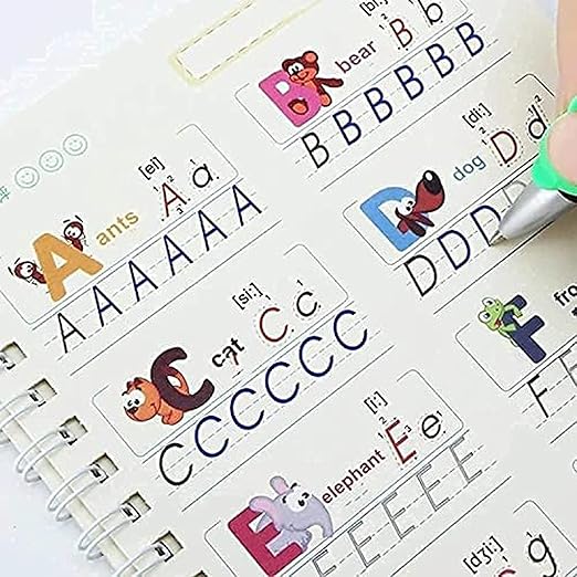 Magic Book (4 Book + 10 Refill + 1 Pen +1 Grip), Practice Copybook, Number Tracing Book for Preschoolers with Pen, Caligraphy early learning Set with Reusable Writing Refill