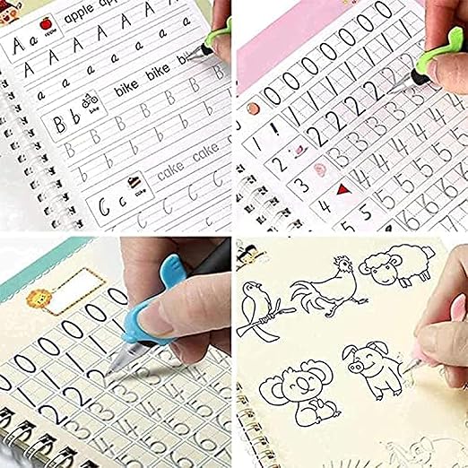 Magic Book (4 Book + 10 Refill + 1 Pen +1 Grip), Practice Copybook, Number Tracing Book for Preschoolers with Pen, Caligraphy early learning Set with Reusable Writing Refill