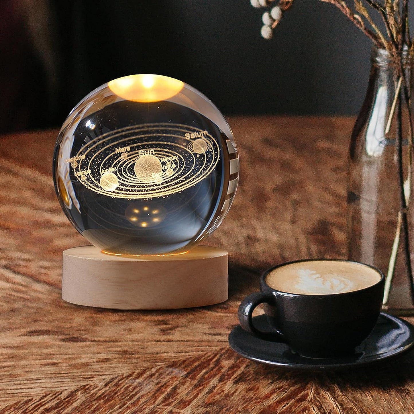 3D Galaxy Crystal Ball Night Led Lamp, Solar System Crystal Ball Night Light, Usb Powered 2.4 Inch Wooden Base Galaxy Glass Ball Night Light Lamp