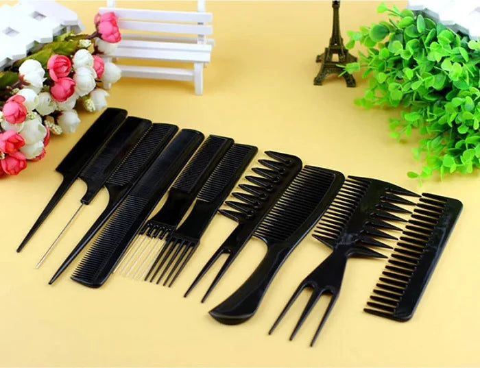10-Piece Black Anti Static Hair Comb Set – Coarse & Fine Toothed