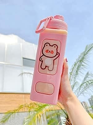 750 ml Square Water Bottle With Straw And 3D Stickers Cute Aesthetic Bottle Drinking Bottle [ PINK COLOR WITH RANDOM STICKER ]