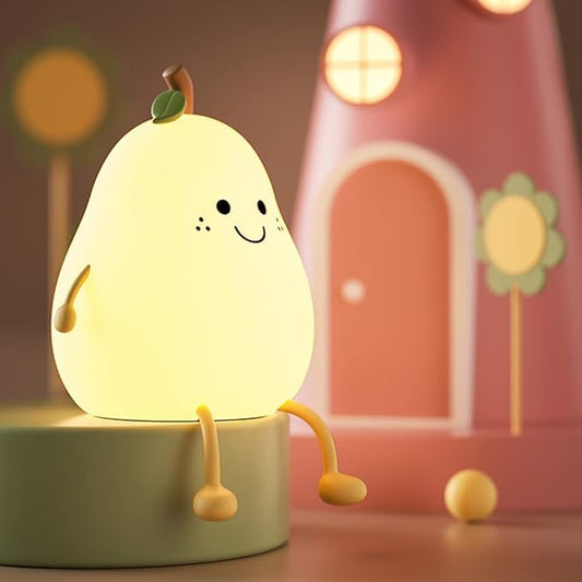 Cute Pear LED Nursery Night Light Lamp: Tap Control, USB Rechargeable