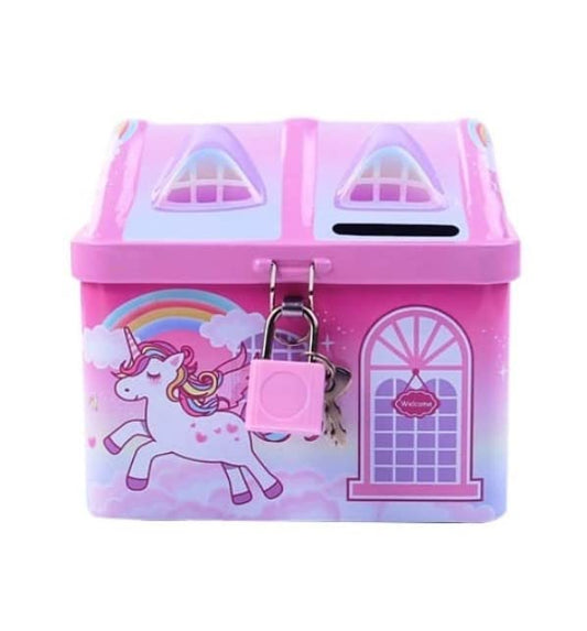 Cute & Colorful Unicorn Printed Metal Piggy Bank With Secure Lock & Keys For Kids, House Shaped Money Saving Storage Coin Collection Box For Girls, Children (Pack Of 1, Multicolor,Classic)