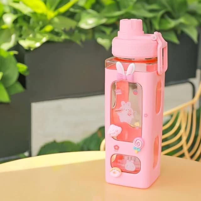 750 ml Square Water Bottle With Straw And 3D Stickers Cute Aesthetic Bottle Drinking Bottle [ PINK COLOR WITH RANDOM STICKER ]