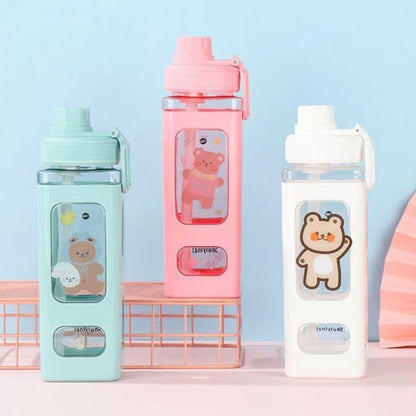 750 ml Square Water Bottle With Straw And 3D Stickers Cute Aesthetic Bottle Drinking Bottle [ PINK COLOR WITH RANDOM STICKER ]