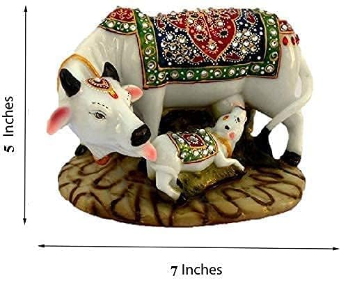 Handicraft Home Decor Kamdhenu Cow & Calf | Vastu Gau MATA Idol with Stone Work for Home & Office