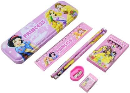 Frozen fever princess girl Stationery Set Kit (small) Combo (Geometry Box Unicorn Eraser Sharpener Scale and Colours box School