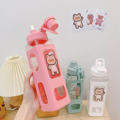 750 ml Square Water Bottle With Straw And 3D Stickers Cute Aesthetic Bottle Drinking Bottle [ PINK COLOR WITH RANDOM STICKER ]