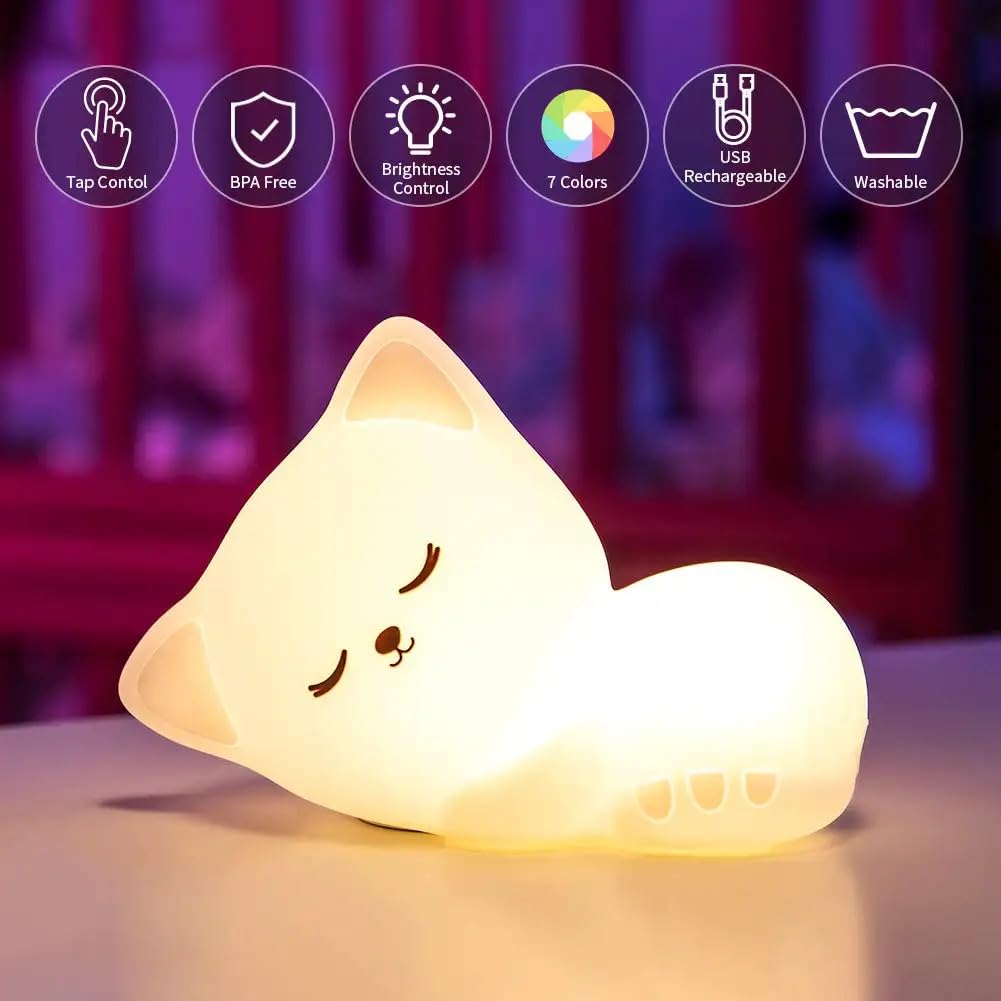 Silicone Cute Sleeping Kitty Nursery Night Light For Kids Color Changing Baby Lamp, Portable And Rechargeable Kid Best Gifts Cat Lover Girls Boys Children Adult, Led, White