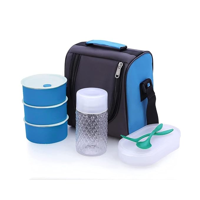 TiffinBox Lunch Box | 3 Stainless Steel Containers | Plastic lidBox | Spoon & Fork | Insulated Fabric Bag | Leak Proof | Microwave Safe | Full Meal | Easy to Carry (Sky Blue)