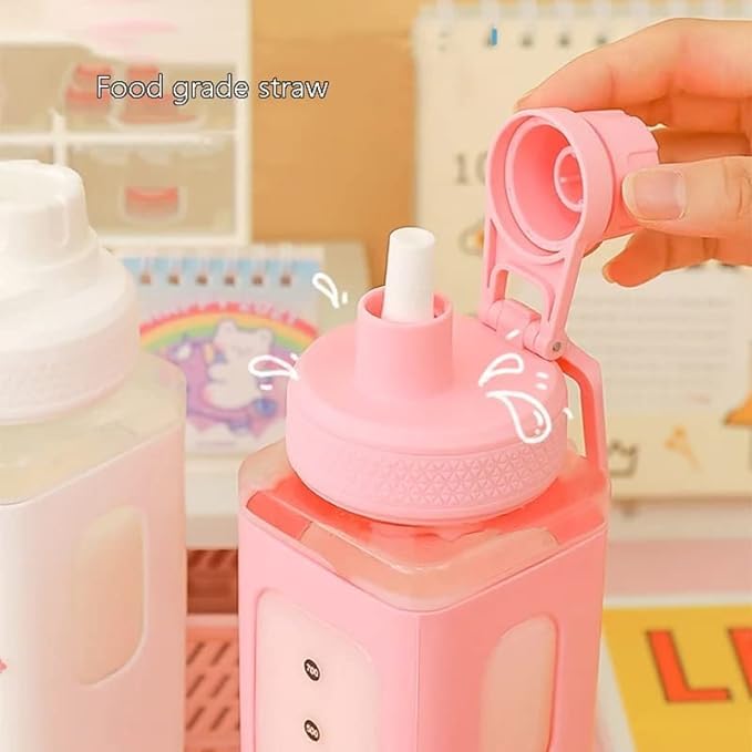 750 ml Square Water Bottle With Straw And 3D Stickers Cute Aesthetic Bottle Drinking Bottle [ PINK COLOR WITH RANDOM STICKER ]