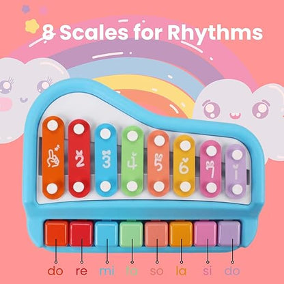 2 in 1 Baby Piano Xylophone Toy, Child Safe Music Toy with 8 Color Key