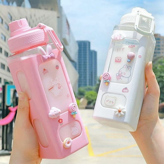 700 ml Large Kawaii Water Bottle With Straw And 3D Stickers Cute Aesthetic Bottle (Pack Of 1)