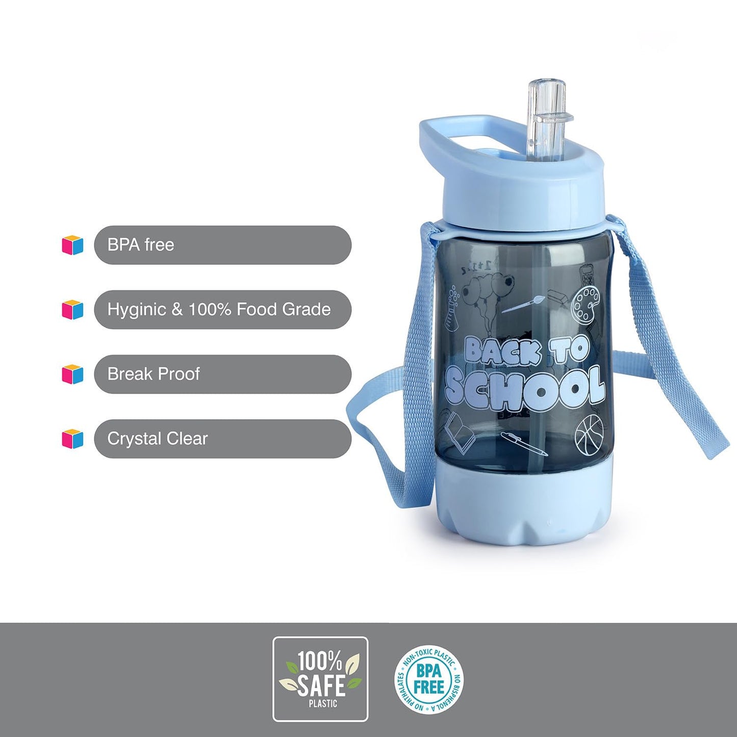 School Trendy 600ML water bottle with Straw & Belt for kids | School Bottle | Picnic Bottle |Sipper Bottle | Kids waterbag ( Pack of 2, Pink & Blue)