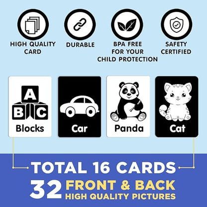 Newborn Brain Development Toys High Contrast Baby Flashcards Visual Stimulation Learning Activity Cards 0 to 12 Months Black and White Front and Back (56 Pictures-28 Cards)