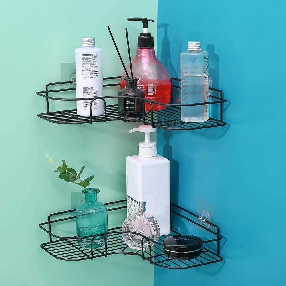 Pack of 2 - Metal Wall-Mounted Bathroom Storage Rack Corner Shelf Hooks Holder Kitchen Basket, Soap Shampoo Rack, Bathroom Racks and Shelf/Shelves Corner Rack (Black)