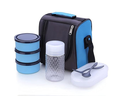 TiffinBox Lunch Box | 3 Stainless Steel Containers | Plastic lidBox | Spoon & Fork | Insulated Fabric Bag | Leak Proof | Microwave Safe | Full Meal | Easy to Carry (Sky Blue)