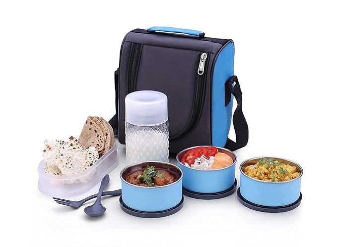 TiffinBox Lunch Box | 3 Stainless Steel Containers | Plastic lidBox | Spoon & Fork | Insulated Fabric Bag | Leak Proof | Microwave Safe | Full Meal | Easy to Carry (Sky Blue)