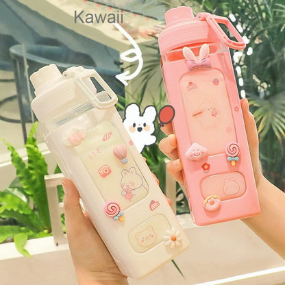 700 ml Large Kawaii Water Bottle With Straw And 3D Stickers Cute Aesthetic Bottle (Pack Of 1)