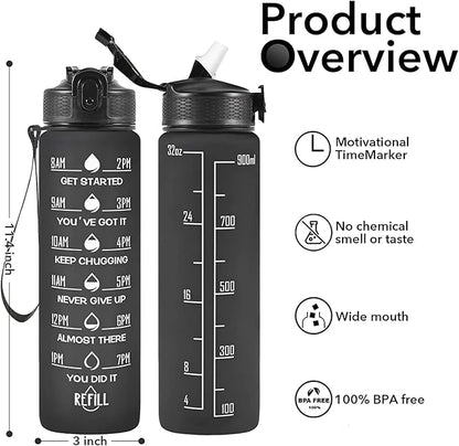 1L Motivational Water Bottle with Time Marker,Straw & Leakproof Design