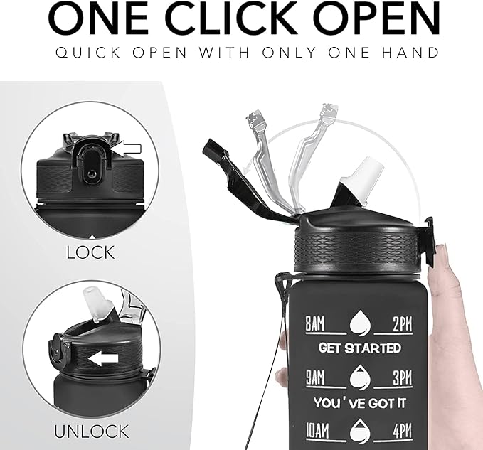 1L Motivational Water Bottle with Time Marker,Straw & Leakproof Design