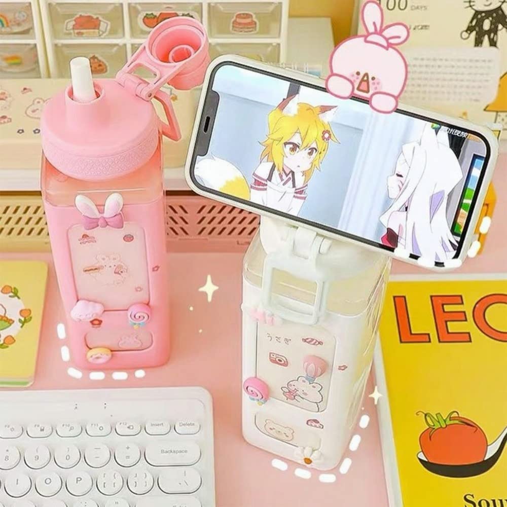 700 ml Large Kawaii Water Bottle With Straw And 3D Stickers Cute Aesthetic Bottle (Pack Of 1)