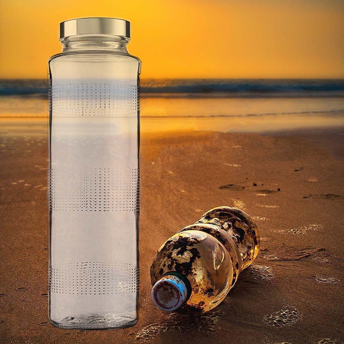 Set of 2 - 750 ml Glass Water Bottle with Leak-Proof Airtight Stainless Steel Lid for Water, Smoothie, Juices