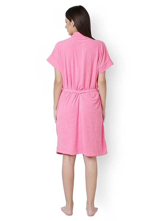 Premium Women's Half Sleeves Soft Terry Cotton Bathrobe | Water Absorbent Bathrobe | Half Pink |